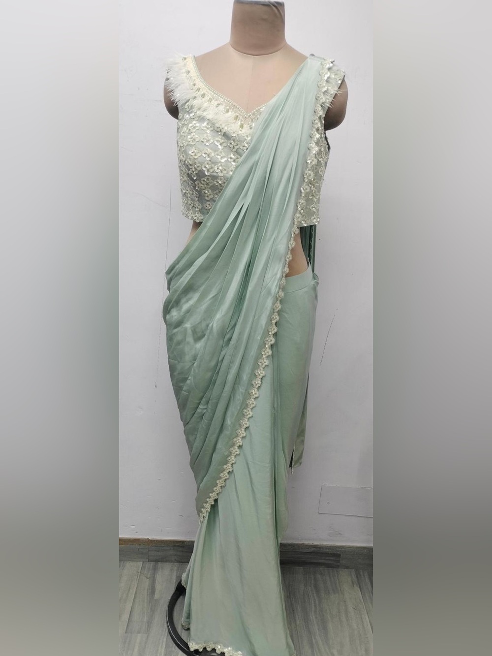 Embellished Sage Green V-Neck Dress saree with Feather Trim